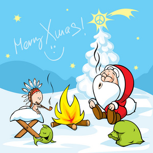 圣诞快乐圣诞老人与婴儿耶稣坐在火和烟的印度和平管，矢量图卡通