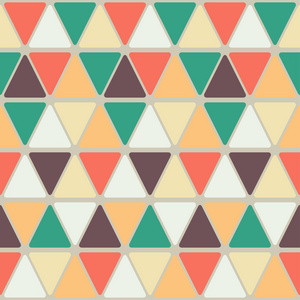 三角形的无缝几何图案。复古色彩。带圆边的三角形。棕色, 黄色, 橙色, 绿色, 红色