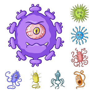 类型的有趣的微生物卡通图标集集合中的设计。微生物病原体载体标志物网插图