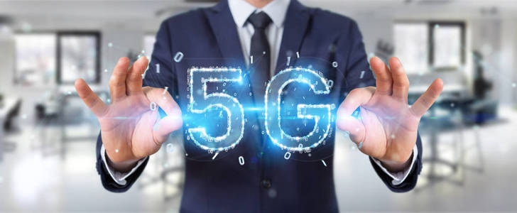 在模糊背景下的商人使用5g 网络数字全息图3d 渲染