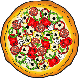 比萨饼配芝士香肠甜椒蘑菇橄榄西红柿和青菜。Handdrawn 矢量彩色颜料