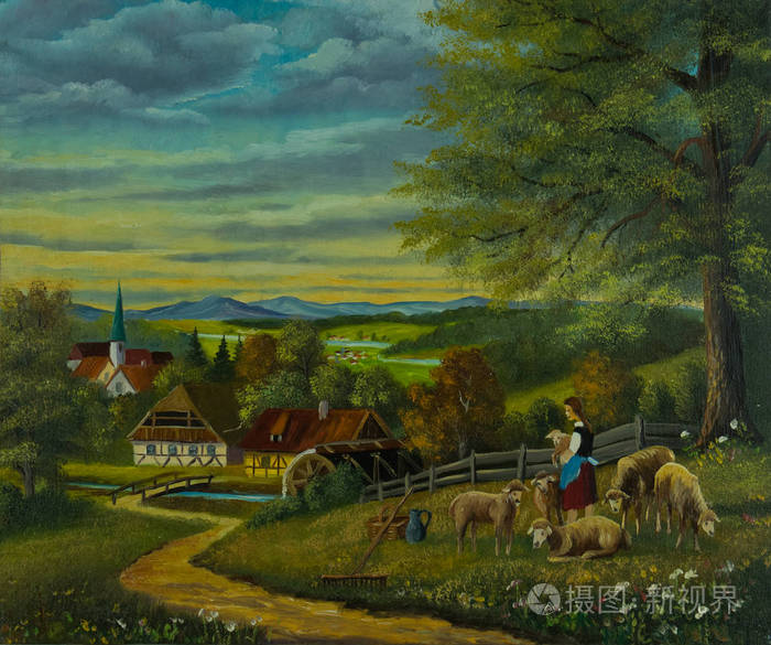 在一个村庄前面与教会的花草甸的绵羊油画
