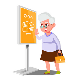 老妇人用 Atm, 数字终端矢量。交互式信息亭。电子自服务支付系统。独立平板卡通插图