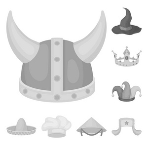 不同类型的帽子单色图标集合中的设计。头饰矢量符号股票网页插图
