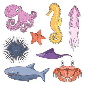 海洋动物卡通集 章鱼, 海星, 海马, 鱿鱼, 海胆, 刺魟, 蟹, 鲨鱼