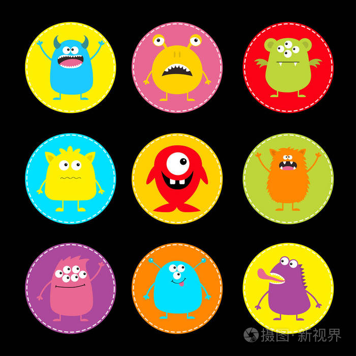 可爱的怪物圆形图标集.卡通恐怖的滑稽人物.