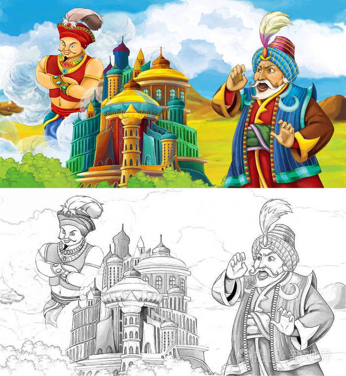 卡通场面与王子或国王与旅行在阿拉伯城堡附近看巨人精灵飞行在城堡