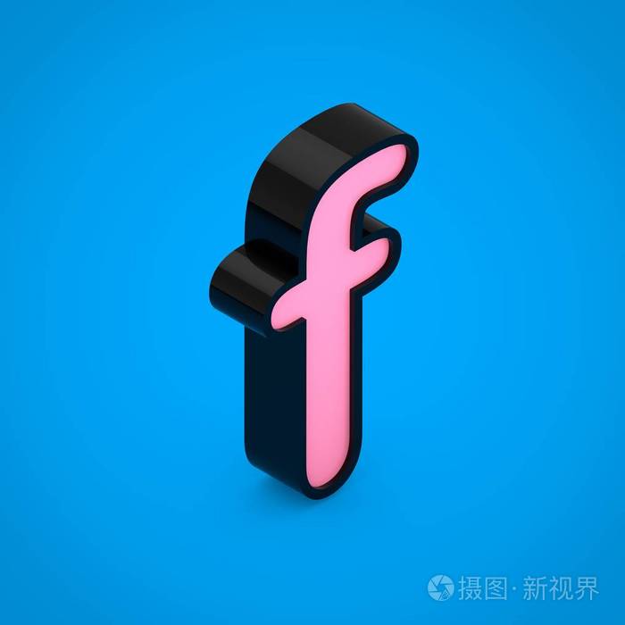 黑色字母 f 小写, 粉红色霓虹灯.3d 渲染在蓝色背景上隔离的等距字体