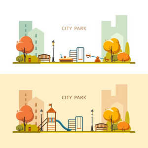 在城市的公共公园。秋天。矢量图