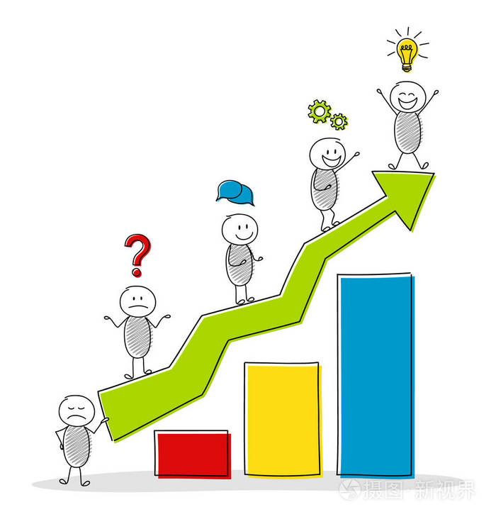 上升柱图与滑稽的 stickmen 和商业图标.向量