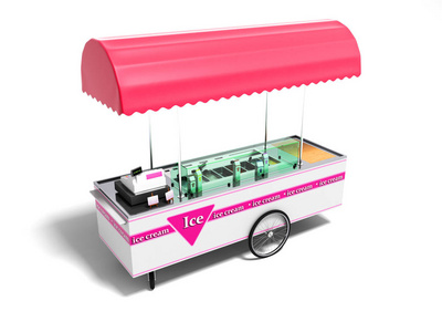 现代粉红色便携式冰箱出售冰淇淋在街道全景视图3d 渲染白色背景与阴影