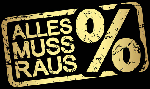 带有框色金色和文本 Alles muss raus 的垃圾邮票