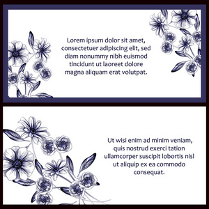复古风格的花深蓝色婚礼贺卡设置。花卉元素和框架