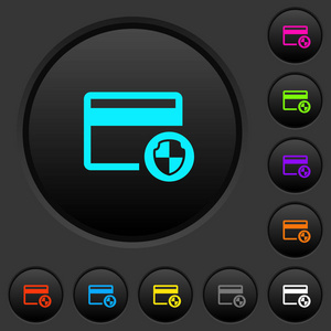 信用卡安全黑暗的按钮与生动的颜色图标在深灰色背景