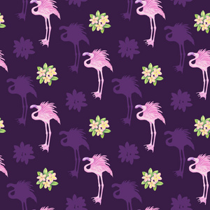 水彩热带图案无缝, 热带花卉粉红色和粉红色火烈鸟。用于在织物上印刷, 墙纸, 剪贴簿