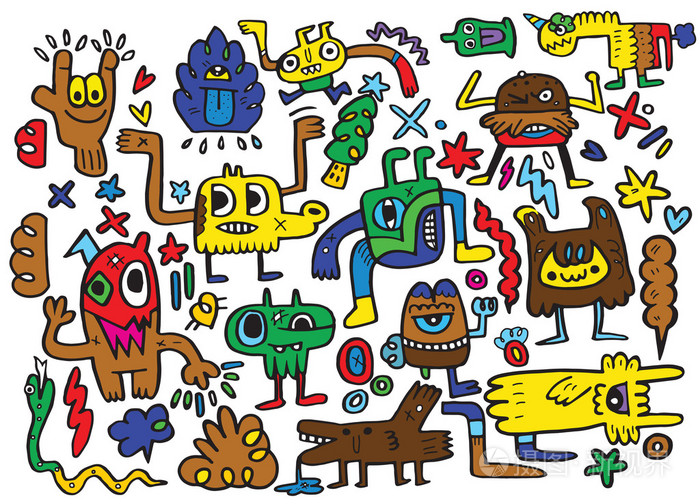 怪物和可爱的友好,手工绘制的怪物集合