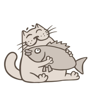 卡通猫持有大鱼。吃海鲜