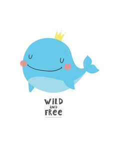 可爱免费可爱的鲸鱼与文字野生和免费的白色背景照片