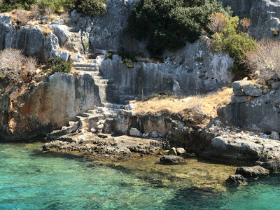 Kayakoy Kekova Simena 村, 费特希耶, 住宿沉没城市 Kekova 海湾的 Ucagiz 从海在土耳其