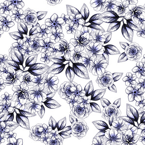无缝复古风格深蓝色花图案。花卉元素
