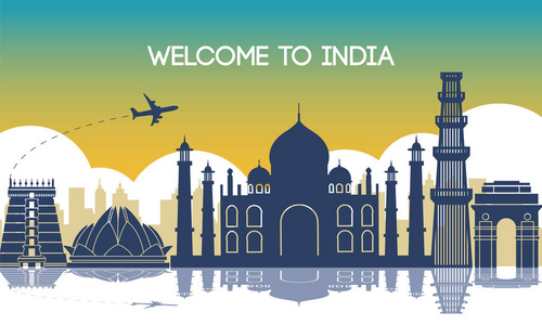 著名颜色著名地标印度, 旅行目的地, 剪影设计, 蓝色绿色并且黄色颜色