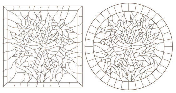 新的一年和圣诞节的彩色玻璃风格的轮廓插图, 条纹糖果, 冬青树枝和丝带在框架, 圆形和方形图像