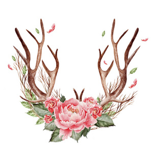 西部波西米亚装饰.手工绘制的老式鹿角与花卉, 树叶和草药.