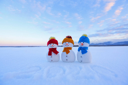 带着帽子和围巾的微笑雪人正站在雪地上.风景与山.