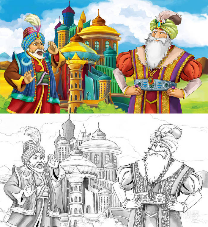 卡通场面与王子或国王旅行在阿拉伯城堡附近-例证为孩子