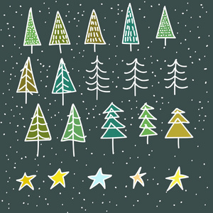 集 15 不同杉木 圣诞树手在白雪皑皑的背景上绘制的样式