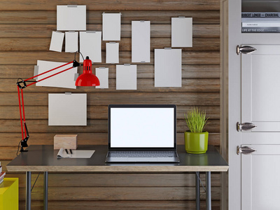 3d 工作区样机的渲染。桌子上的笔记本电脑上挂着一盏红灯, 在木板墙的背景上