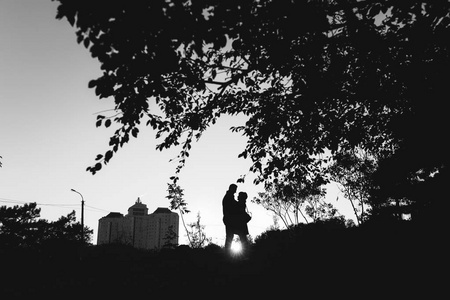 夫妇的女人, 男人拥抱拥抱和看着对方在公园户外的城市建筑背景日落