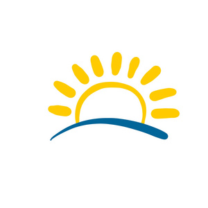 太阳和波浪标志。旅游徽标模板。蓝色和黄色的标识被隔离在白色背景上。矢量符号