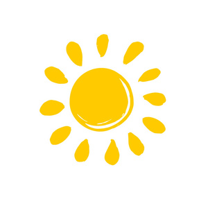 手绘矢量图太阳图标。标志或商业标志设计。白色背景上的黄色符号被隔离