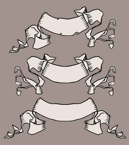 复古手绘丝带横幅矢量集合。组的折叠丝带孤立在褐色的背景