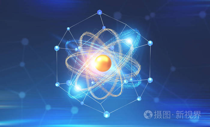 在深蓝色背景下发光的金色和蓝色原子模型和网络接口.