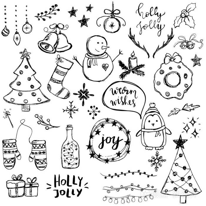 摄图新视界 插画 节日,活动 一套可爱和简单的手绘制圣诞元素.eps