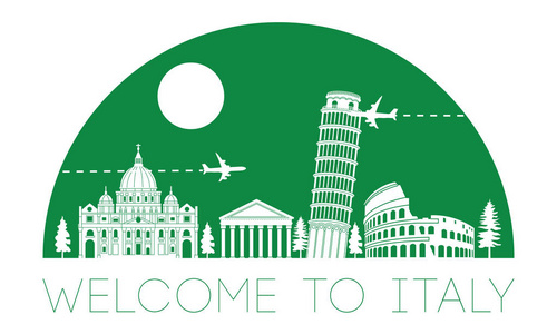 意大利著名地标剪影和圆顶以绿色颜色样式旅行和旅游业, 媒介例证