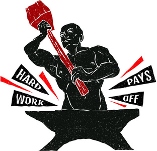 有锤子的人, 勤奋的工作能回报文字.漫画风格插图照片