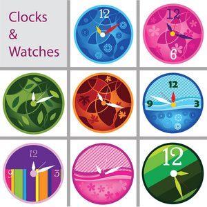 不同的时钟矢量设计, 不同颜色时钟的矢量集, 时钟设计, 矢量时钟面