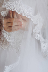 新娘在面纱下握着她的手