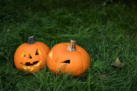 halloweeen 在草地上雕刻南瓜。南瓜灯