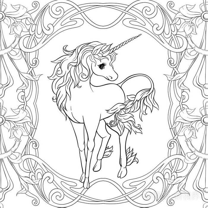 无缝模式, 背景与独角兽和复古花卉.矢量插图