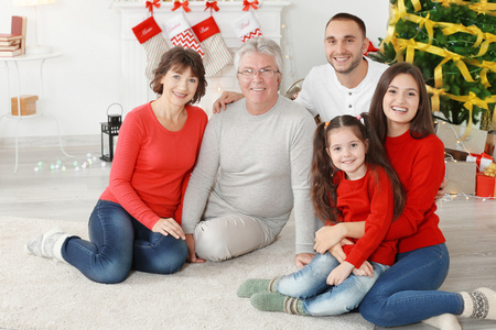 幸福的家庭，在客厅里为圣诞节装饰