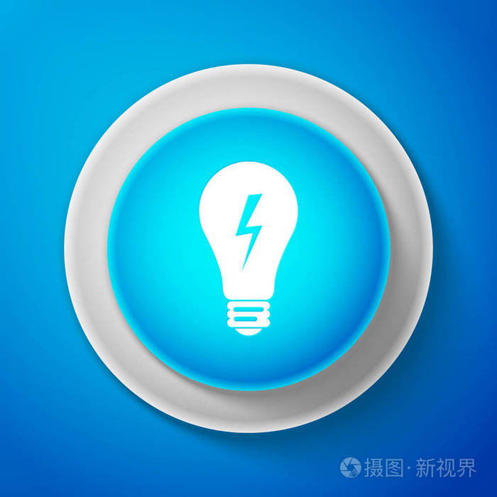 灯泡与闪电符号图标隔离在蓝色背景.想法符号.圆圈蓝色按钮与白色线.