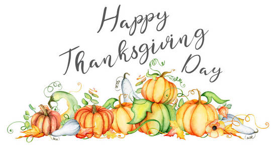 水彩南瓜和秋叶牌.收获成分.感恩节快乐.手绘矢量图照片