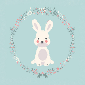 可爱的小宝贝小兔子在圣诞节花和分支花圈