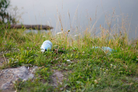 河岸上的家庭垃圾。塑料瓶位于自然界。生态学问题