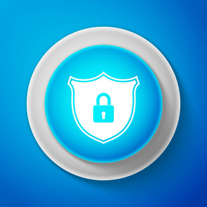 白色盾牌安全与锁定图标在蓝色背景下隔离。圆圈蓝色按钮与白色线。矢量插图