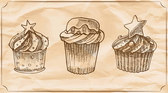 一套三复古美味的松饼与奶油, 巧克力和草莓。矢量手绘插图。t恤印刷。旧纸张背景